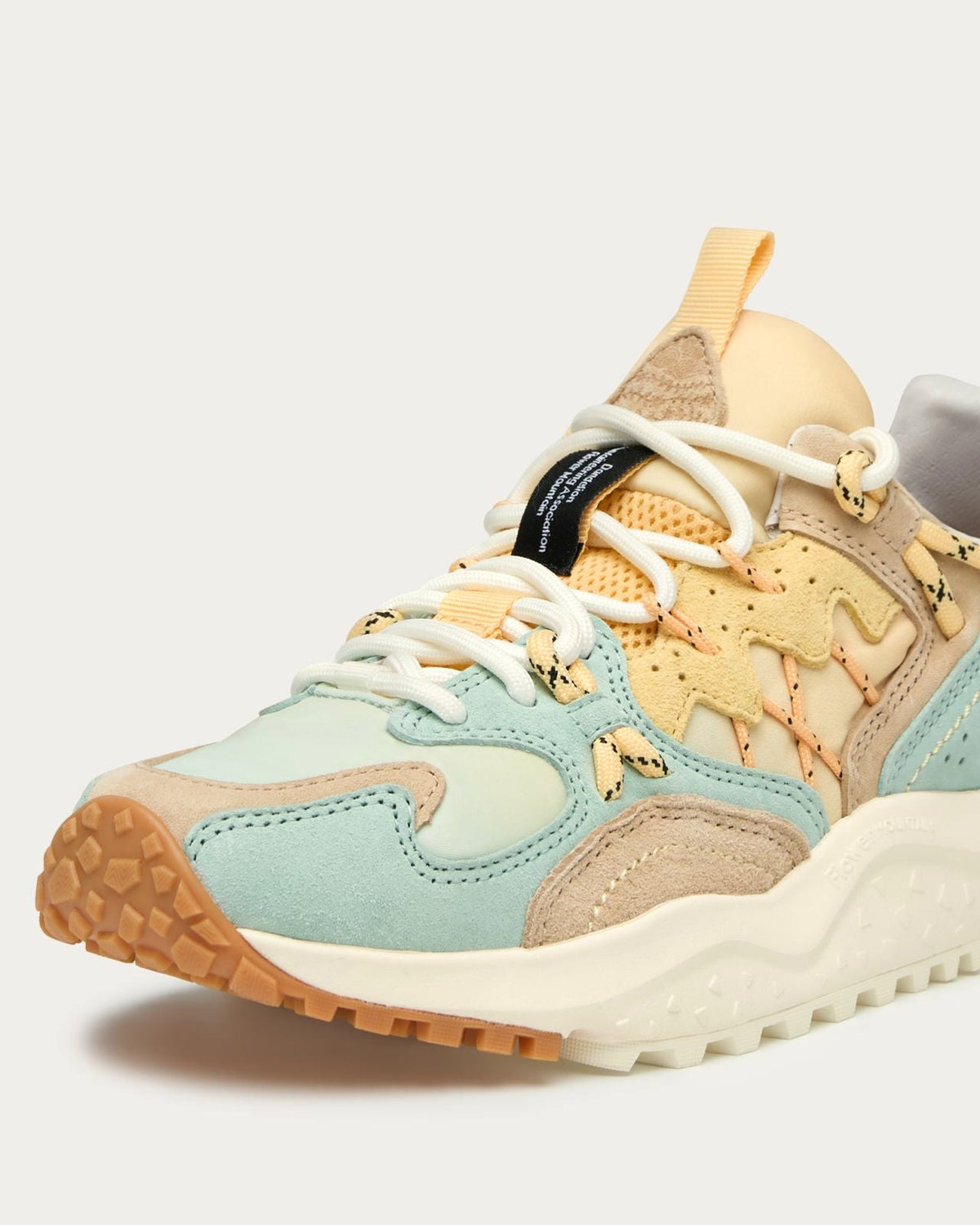 Flower Mountain Yamabushi Mint sneaker, front three-quarter close-up