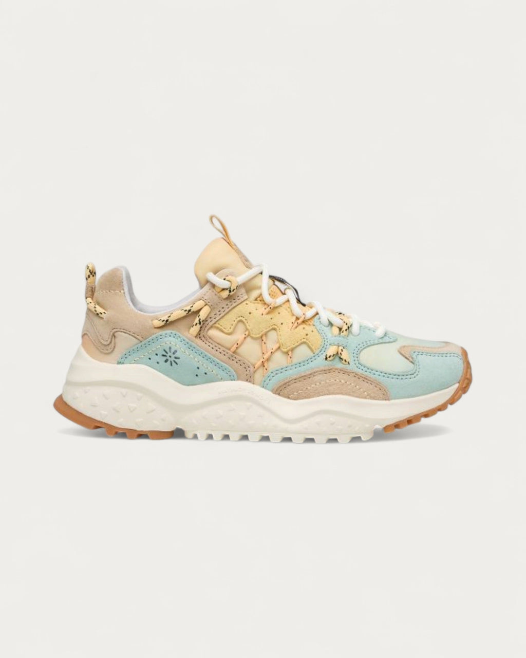 Flower Mountain Yamabushi Mint sneaker in mint, sand and cream leather and polyester with a gum rubber sole, side profile