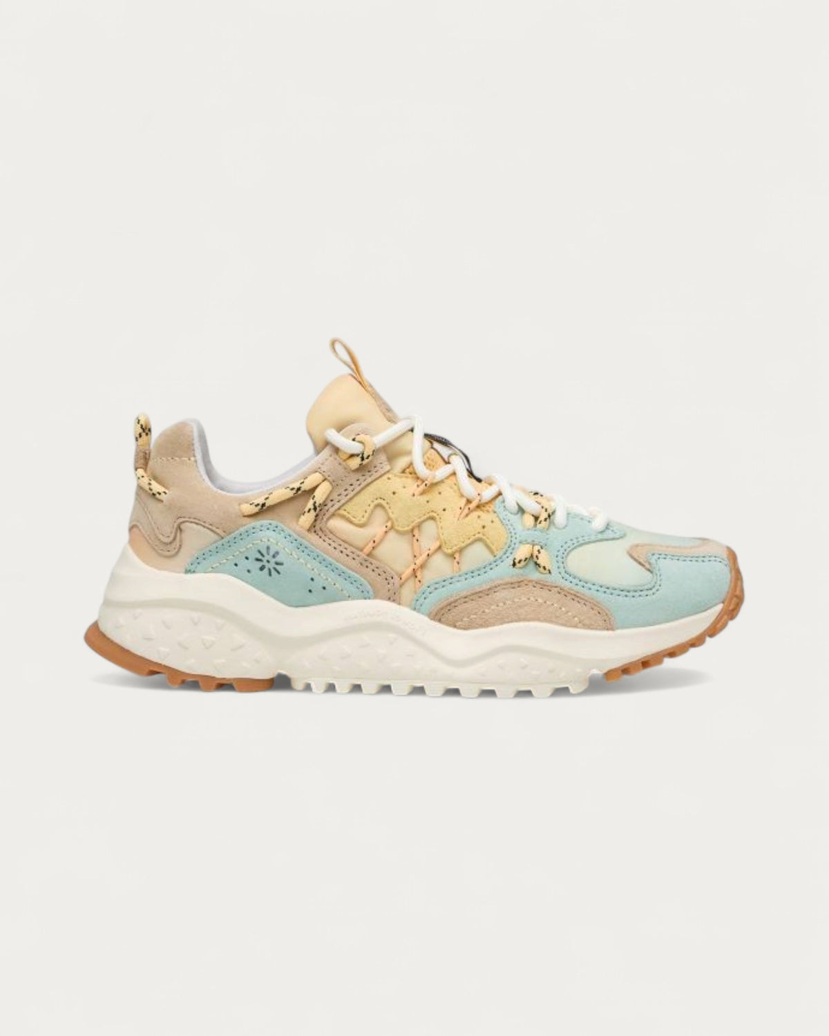 Flower Mountain Yamabushi Mint sneaker in mint, sand and cream leather and polyester with a gum rubber sole, side profile