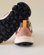 Flower Mountain Yamano 3 Beige Milk sneaker, back and sole view on a warm beige backdrop