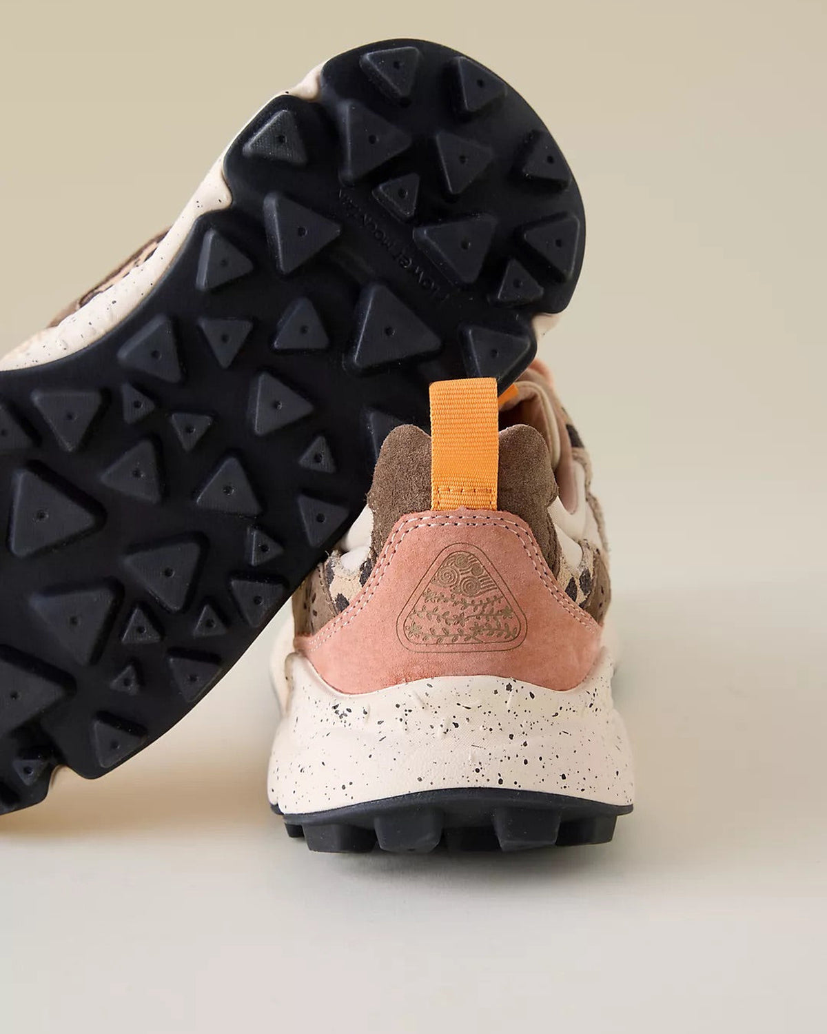 Flower Mountain Yamano 3 Beige Milk sneaker, back and sole view on a warm beige backdrop