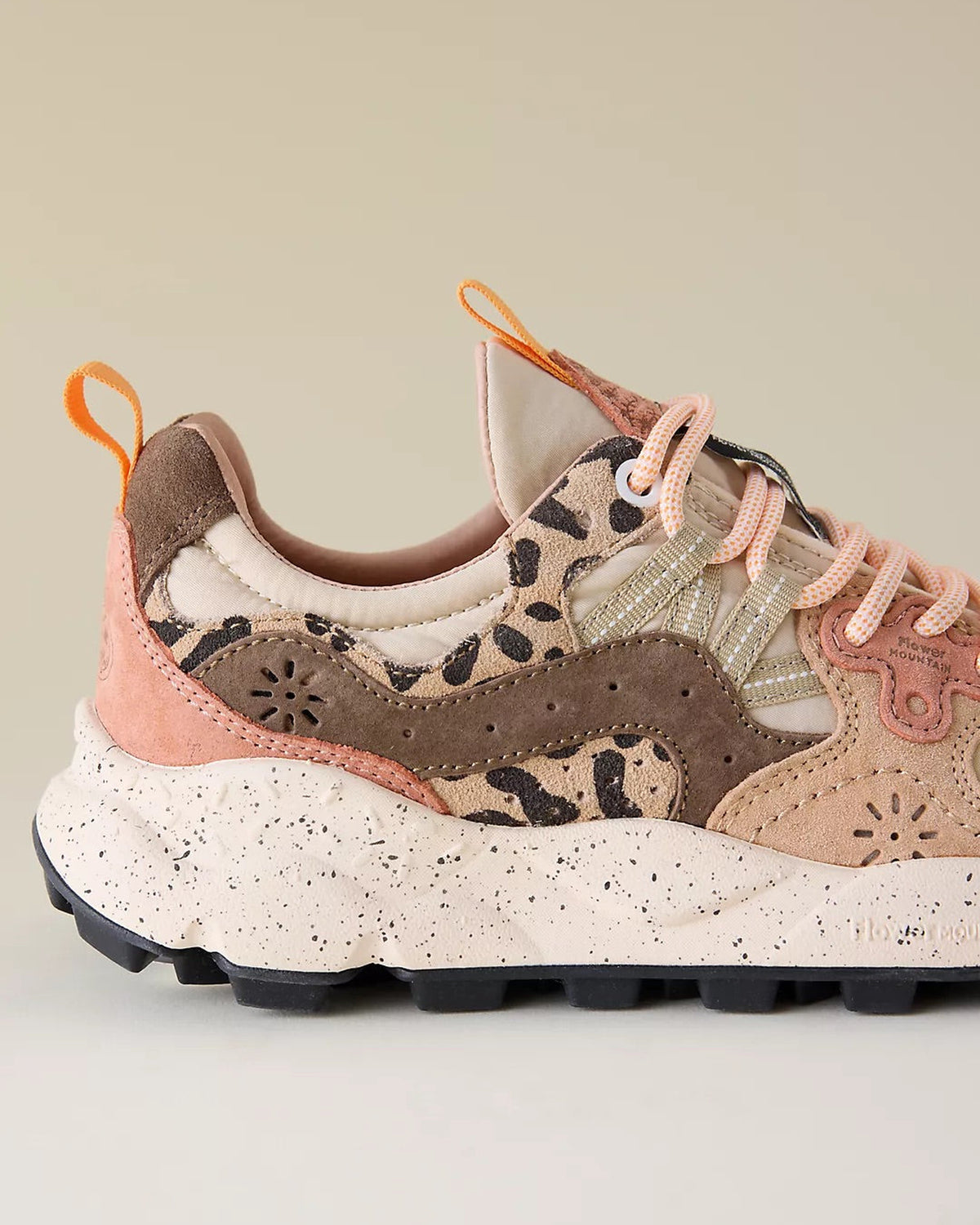 Flower Mountain Yamano 3 Beige Milk sneaker, three-quarter view on a warm beige backdrop