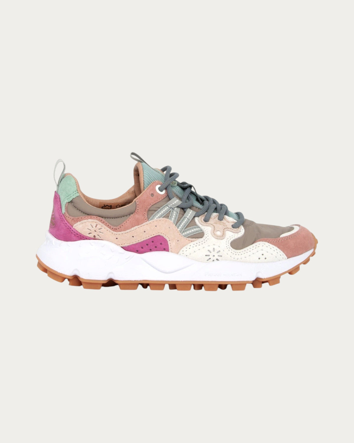Flower Mountain Yamano 3 Cipria Beige sneaker in pink, beige and grey mesh and suede knit with a white sole, side profile