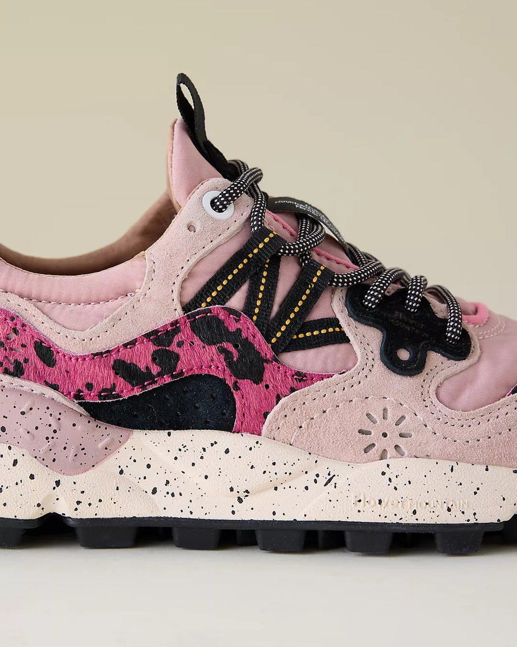 Flower Mountain Yamano 3 Coral Rose sneaker, close-up of the laces and print