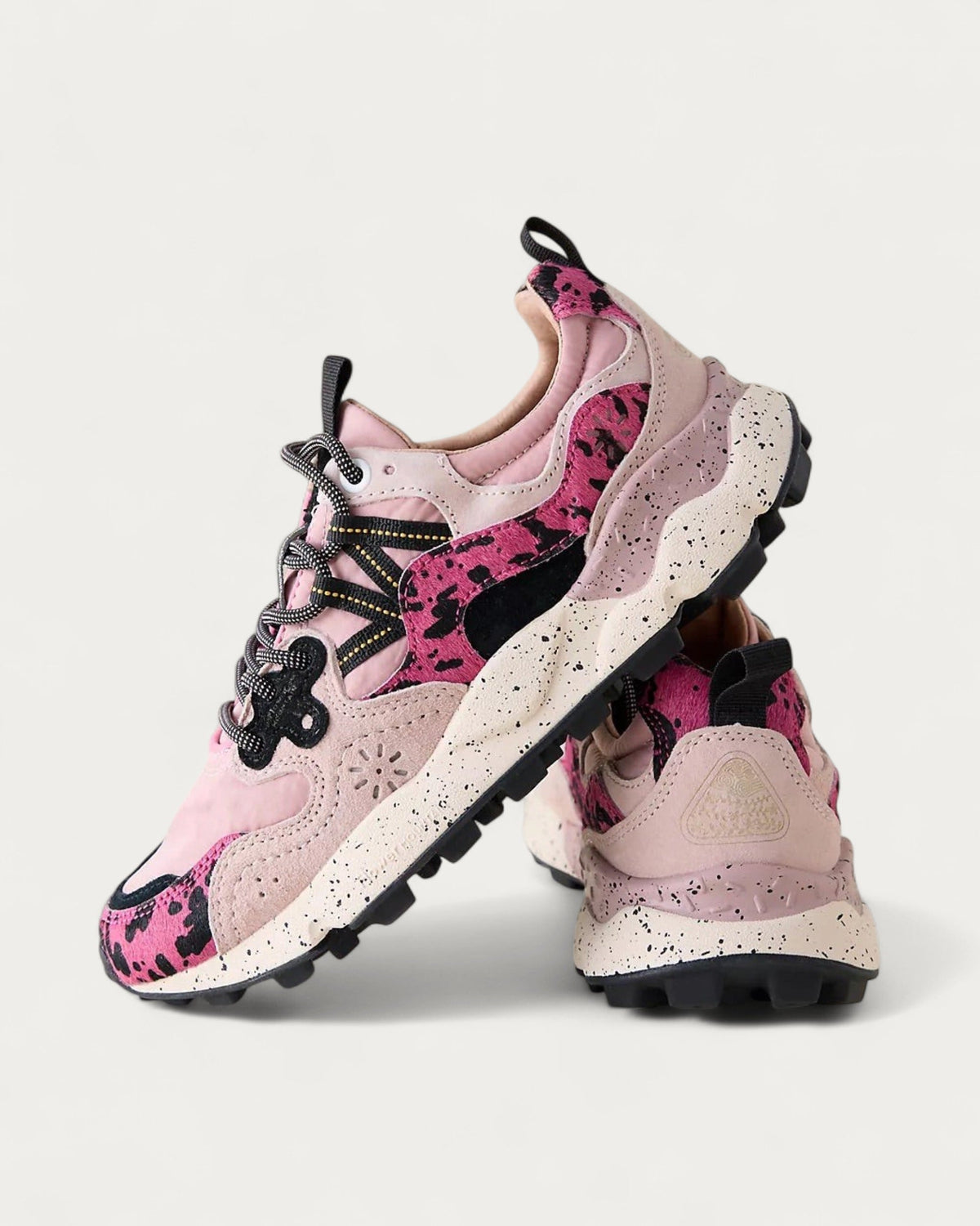 Flower Mountain Yamano 3 Coral Rose sneaker, pair in three-quarter view