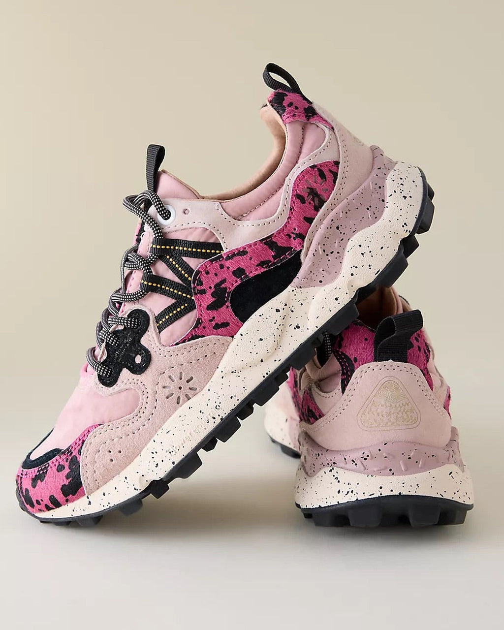 Flower Mountain Yamano 3 Coral Rose sneaker, pair stacked, back three-quarter view