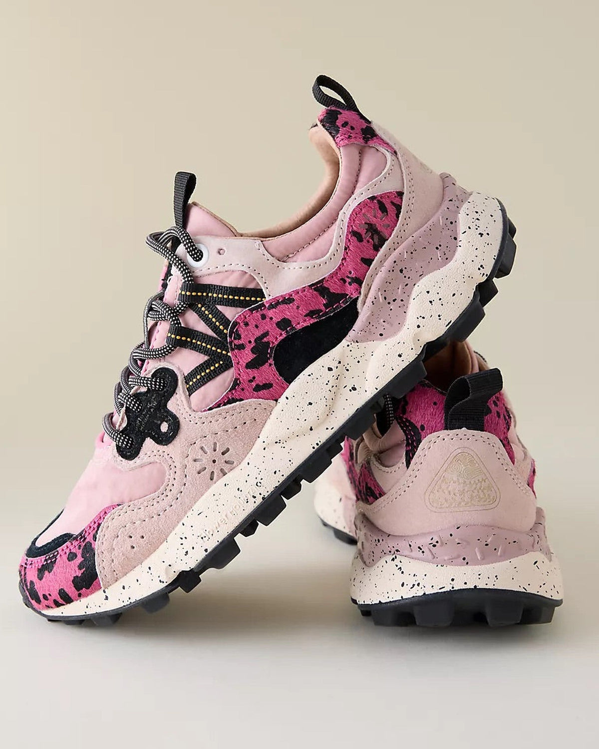 Flower Mountain Yamano 3 Coral Rose sneaker, pair stacked, back three-quarter view