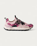 Flower Mountain Yamano 3 Coral Rose sneaker in soft pink suede with hot pink and black animal-style print panels, side profile