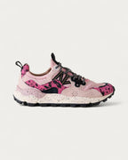 Flower Mountain Yamano 3 Coral Rose sneaker in soft pink suede with hot pink and black animal-style print panels, side profile