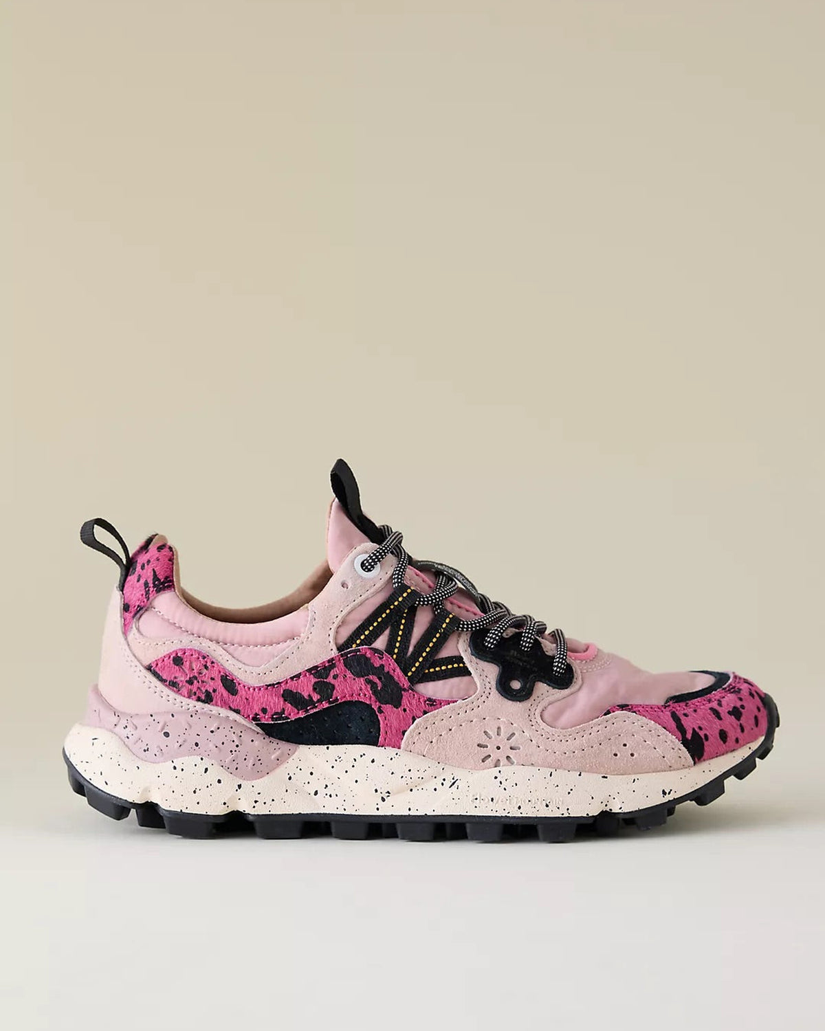 Flower Mountain Yamano 3 Coral Rose sneaker, side view on a warm beige backdrop