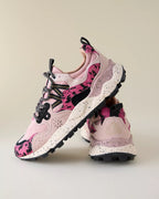 Flower Mountain Yamano 3 Coral Rose sneaker, three-quarter view on a warm beige backdrop