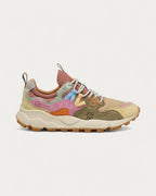 Flower Mountain Yamano 3 Cream Pink sneaker in tan and cream suede with pink, olive, orange and blue accents, side profile