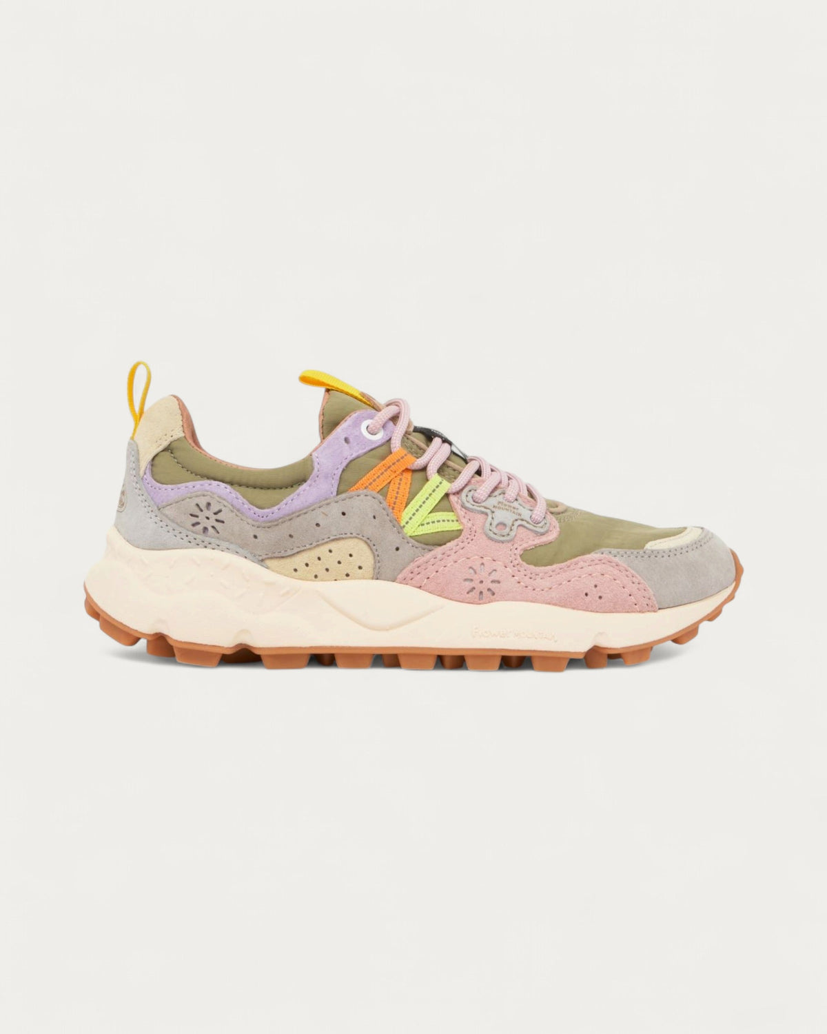 Flower Mountain Yamano 3 Light Grey sneaker in sage green technical fabric with grey and pink suede panels, side profile