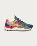 Flower Mountain Yamano 3 Petrol Stone sneaker in teal green technical fabric with navy, hot pink and tan suede panels, side profile