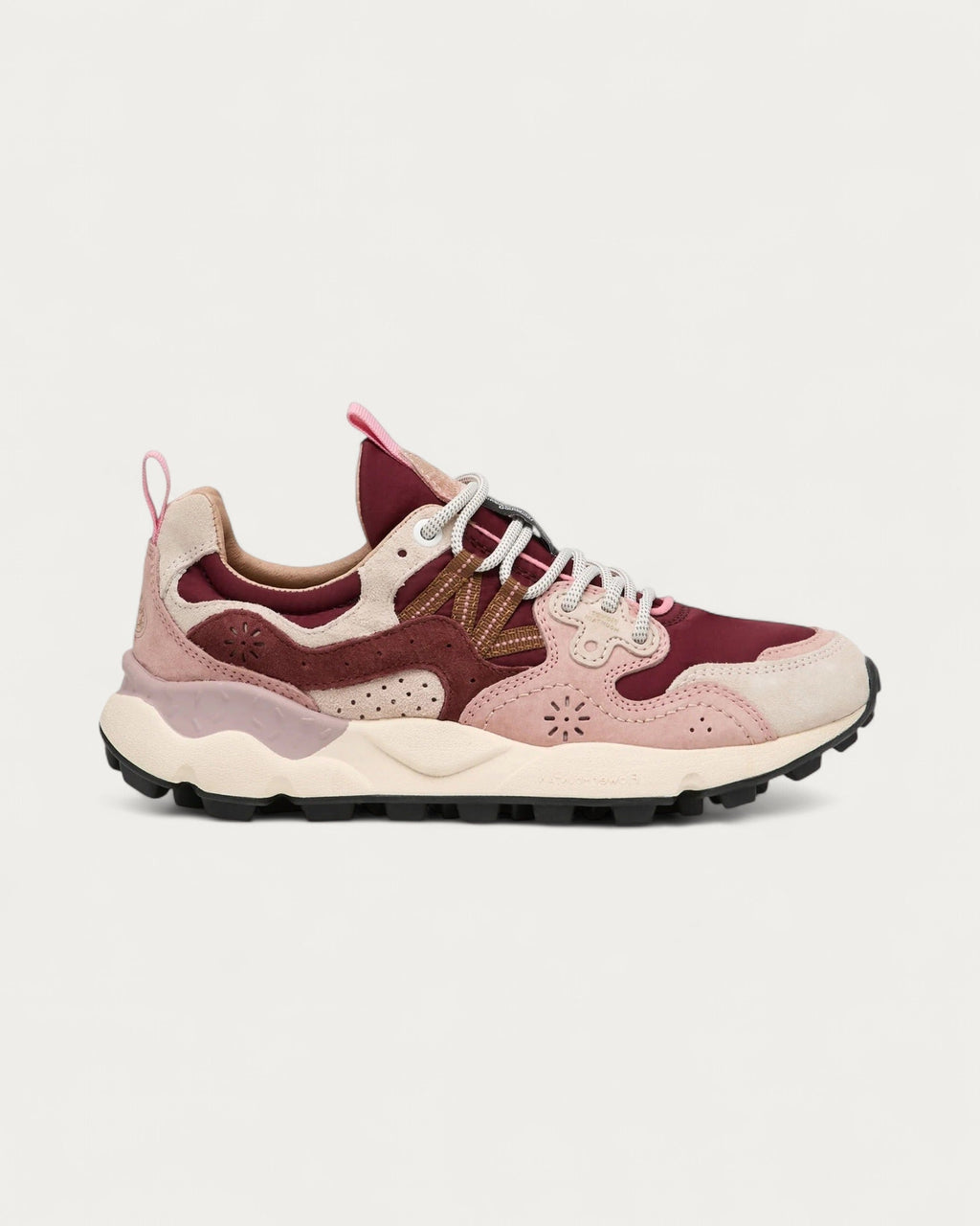 Flower Mountain Yamano 3 Rose Pink Brown sneaker in soft pink and cream suede with burgundy mesh panels, side profile