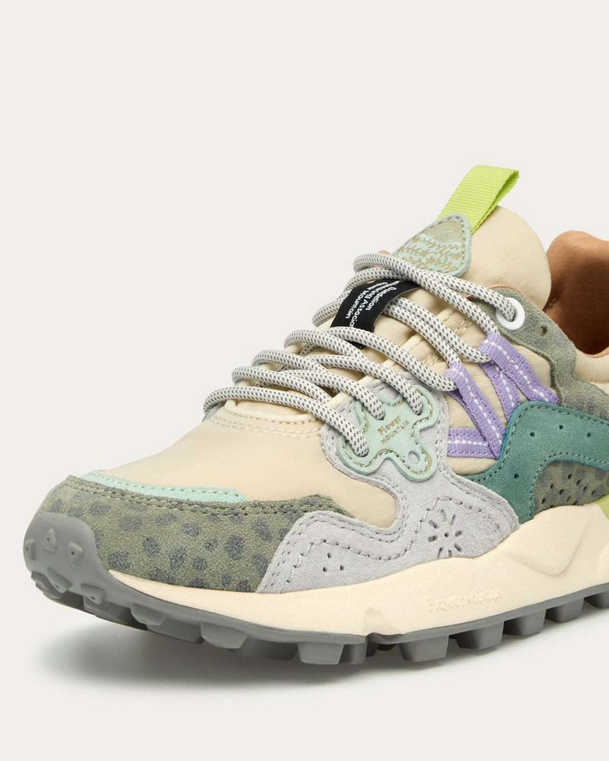 Flower Mountain Yamano Green Animalier sneaker, front three-quarter close-up