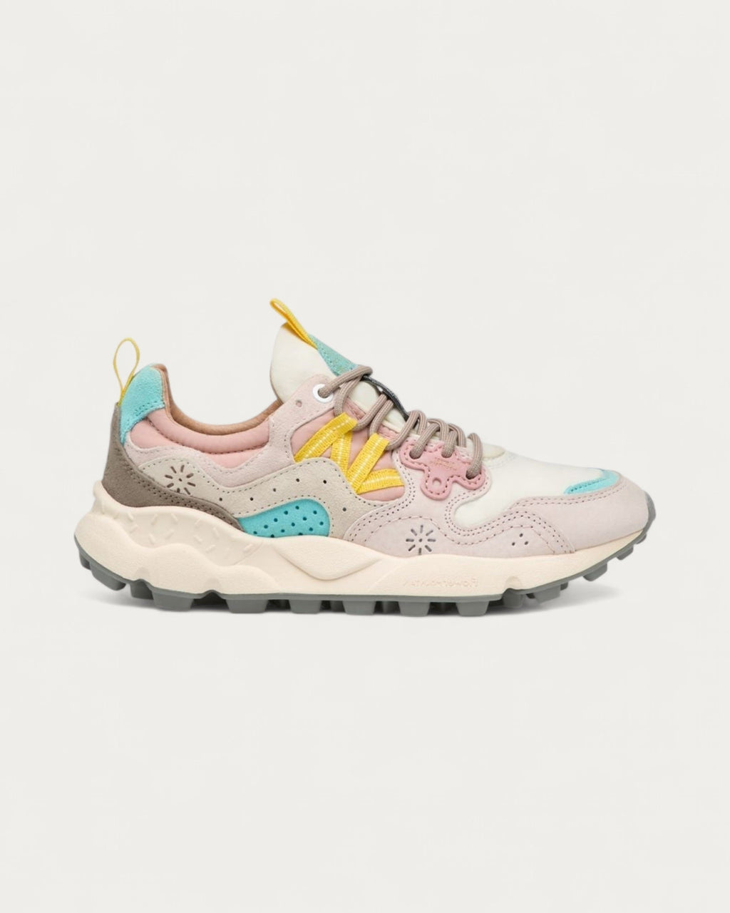 Flower Mountain Yamano Yello 1B54 sneaker in cream, pink and turquoise leather and polyester with yellow details, side profile