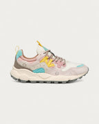 Flower Mountain Yamano Yello 1B54 sneaker in cream, pink and turquoise leather and polyester with yellow details, side profile