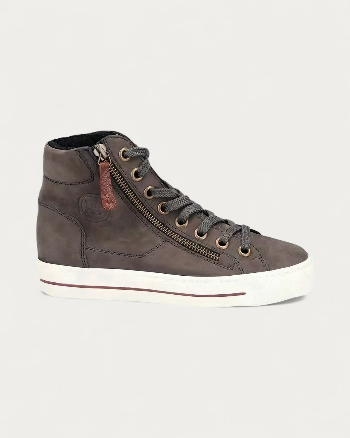 Paul Green Charcoal High Top Leather Sneaker in side profile on a warm off-white background