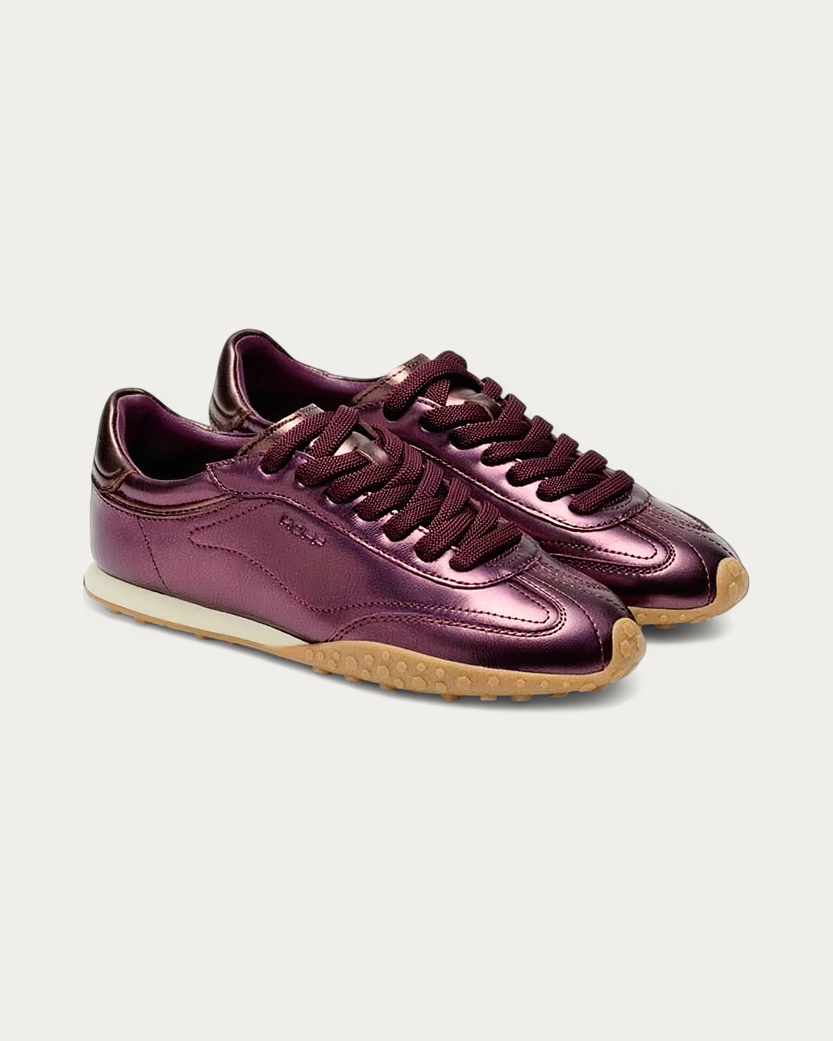 Pair of Hoff Bridge metallic burgundy sneakers with tone-on-tone laces, three-quarter view