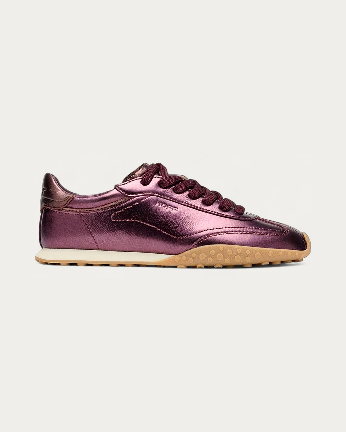 Hoff Bridge metallic burgundy sneaker, side profile with gum-coloured textured sole