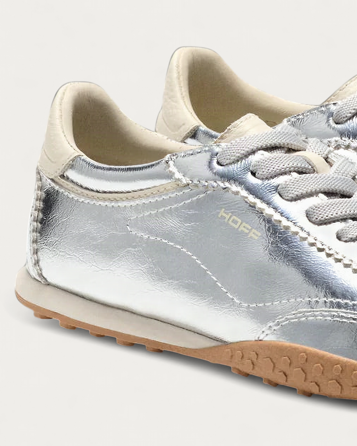 HOFF Bridge Sneaker in Metallic Silver, lacing and metallic finish detail