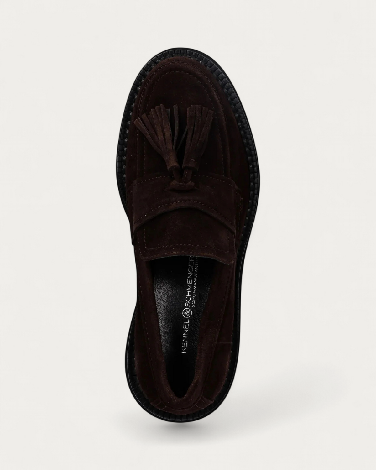 Kennel & Schmenger Chocolate Suede Loafer, top view showing tassel detail