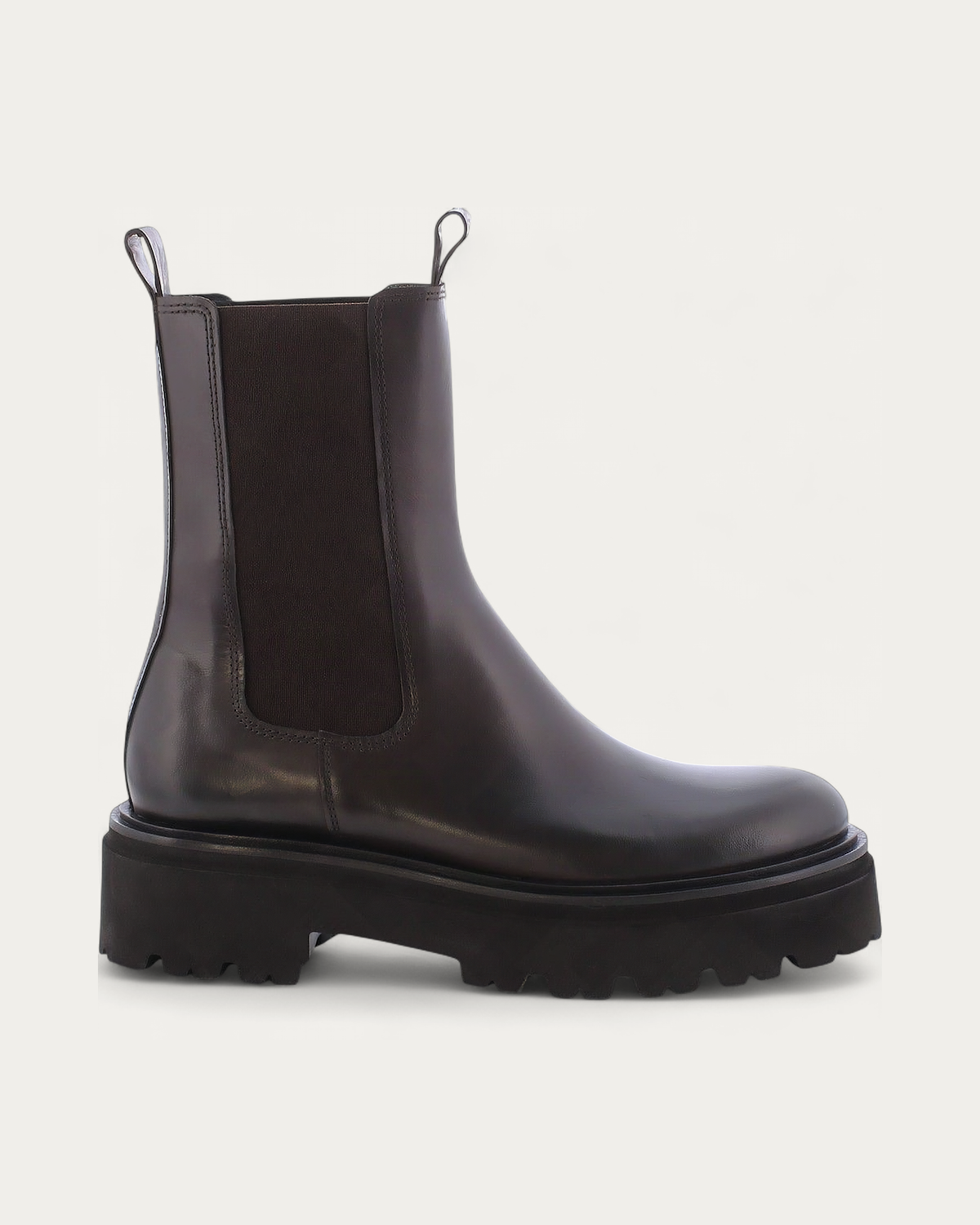 Kennel & Schmenger Fancy dark brown leather Chelsea boot, side profile with elastic gusset and black lug sole