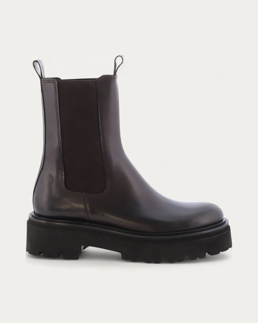 Kennel & Schmenger Fancy dark brown leather Chelsea boot, side profile with elastic gusset and black lug sole