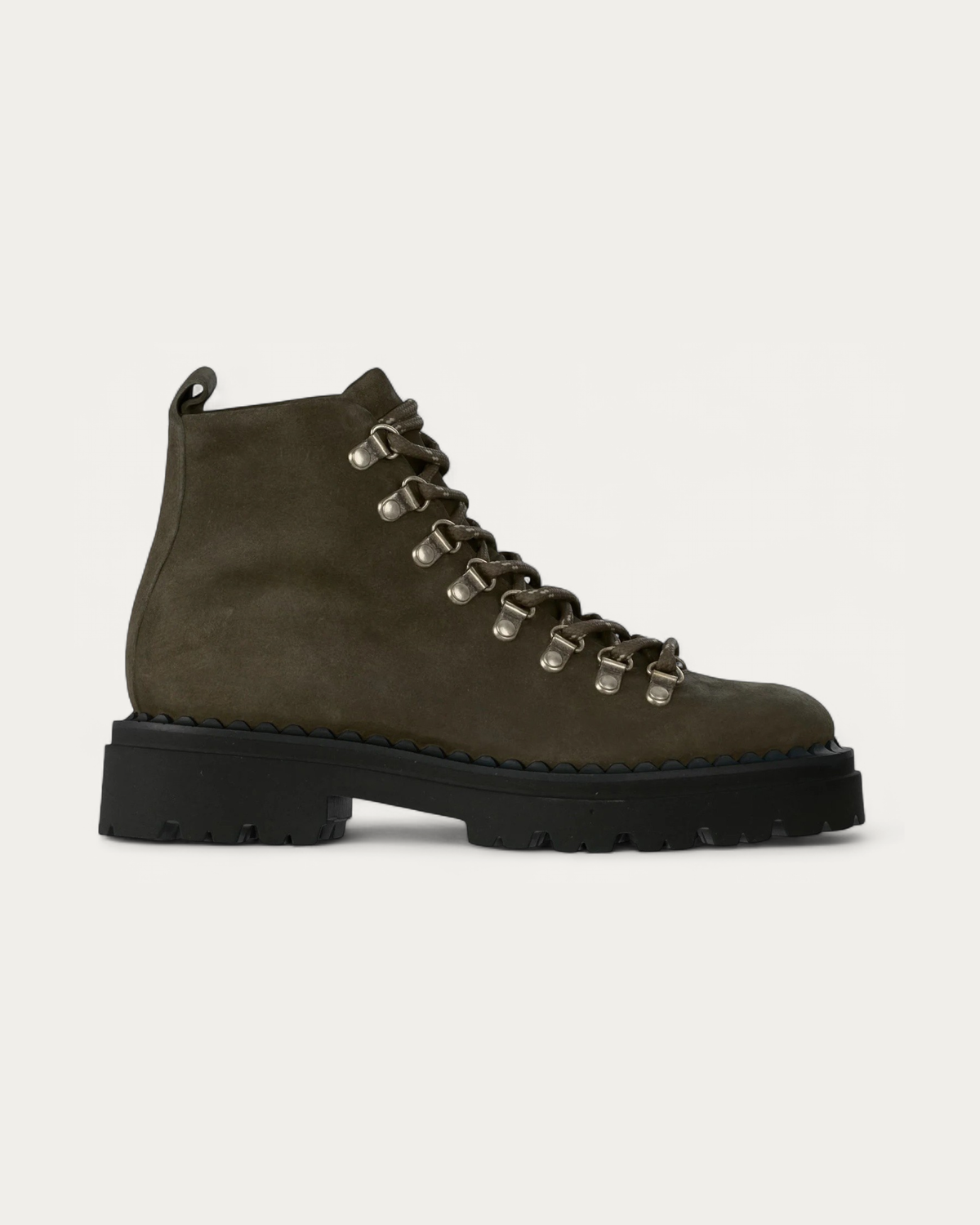 Kennel & Schmenger Lana olive suede hiking boot, side profile with black lug sole and metal lace hooks