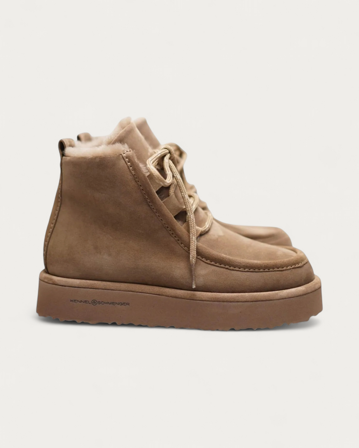 Kennel & Schmenger Shearling Laced Boot in Sand, three-quarter view