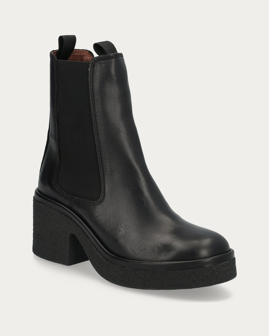 Laurell 65 black leather Chelsea boot, front three-quarter view showing the chunky crepe platform