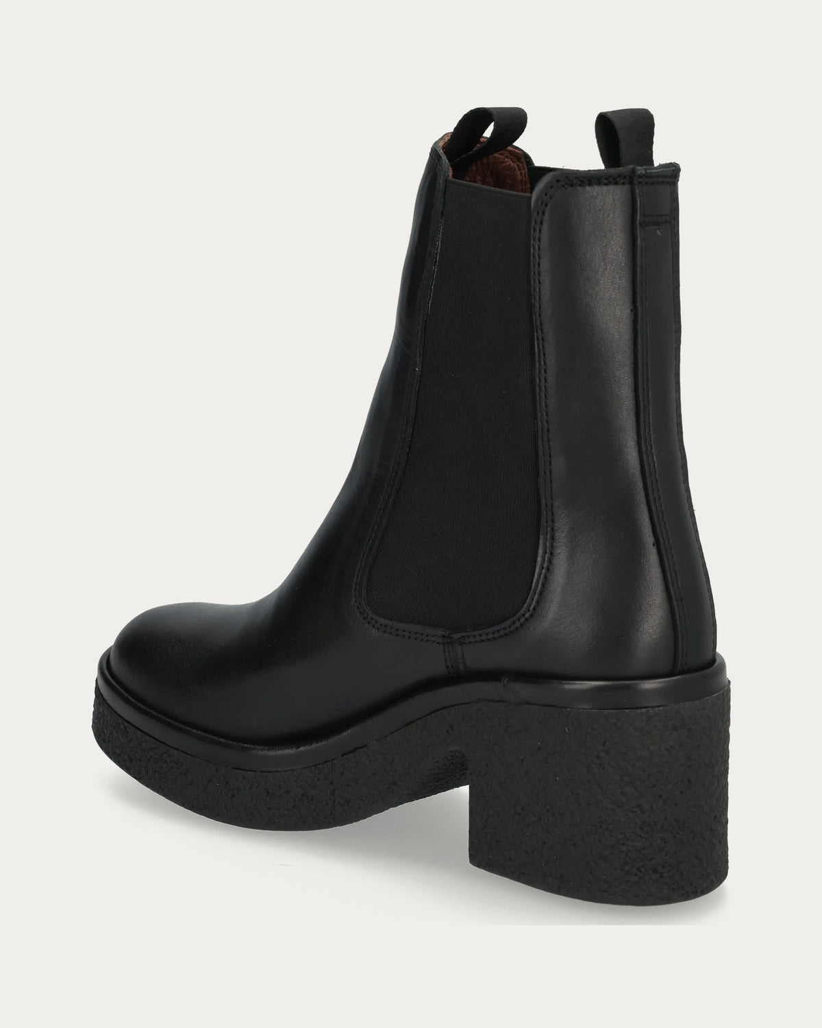 Laurell 65 black leather Chelsea boot, rear three-quarter view with pull tabs and block heel