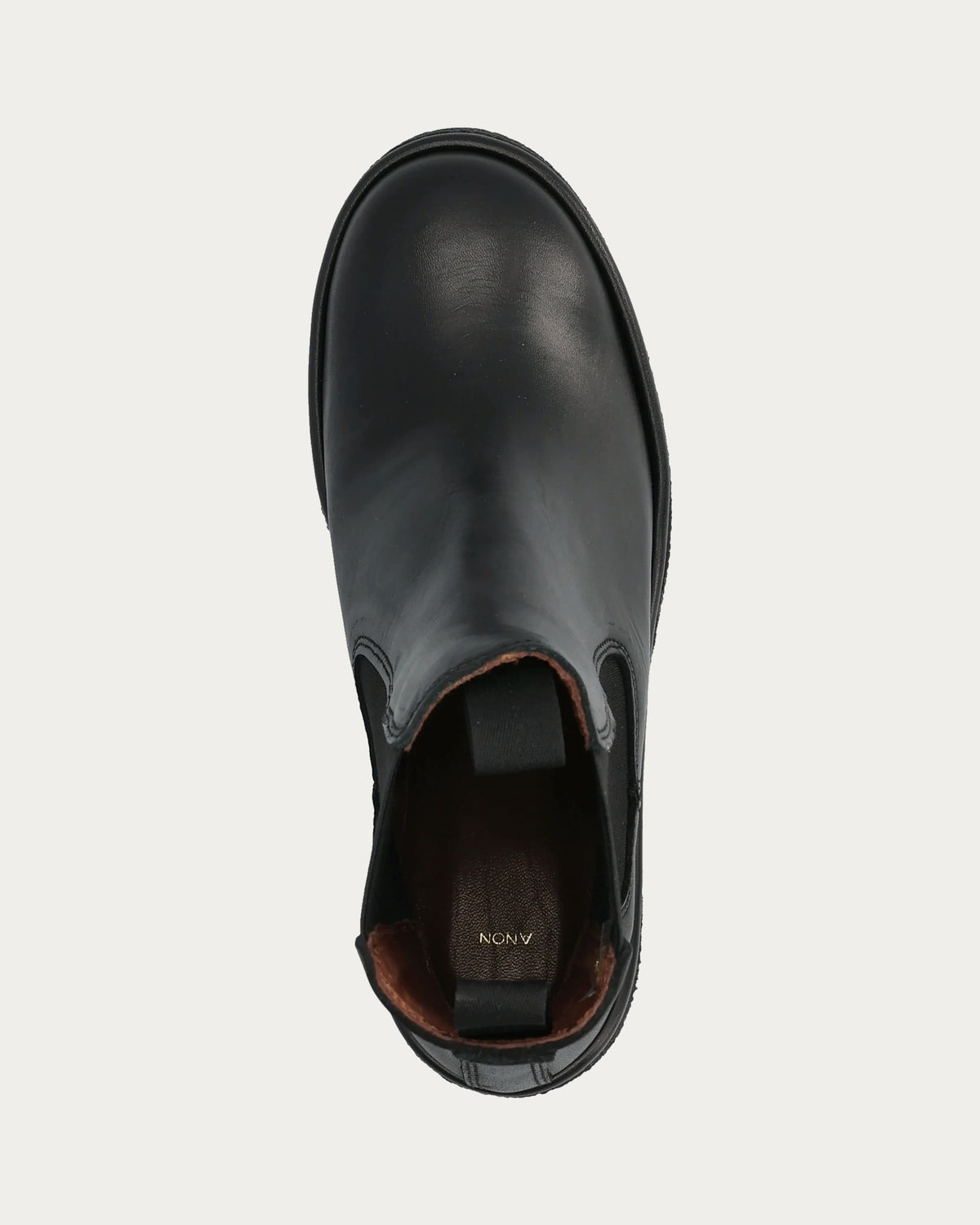 Laurell 65 black leather Chelsea boot from above showing the elastic panel and leather lining