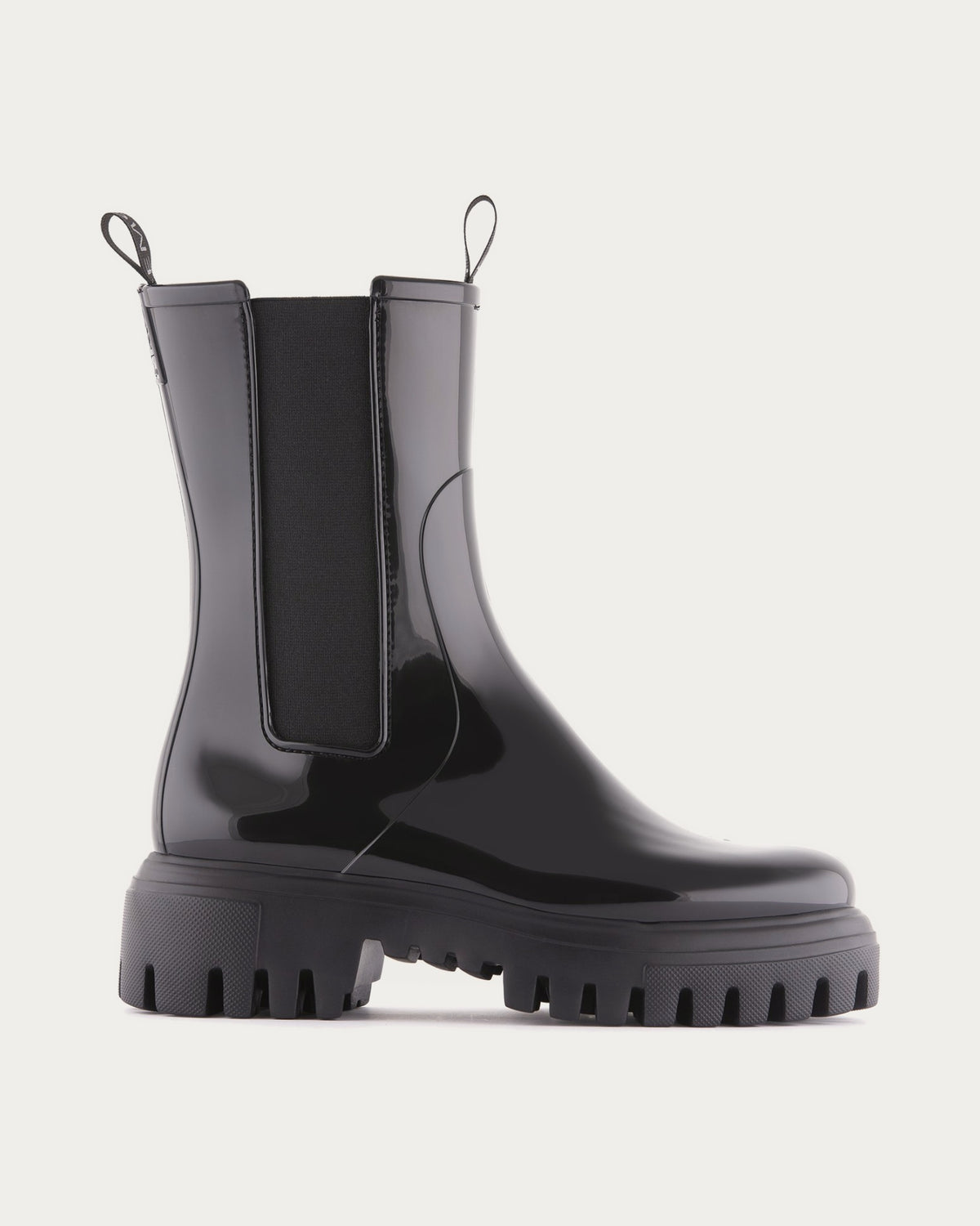 Lemon Jelly City black waterproof rain boot, side profile with chunky lugged sole