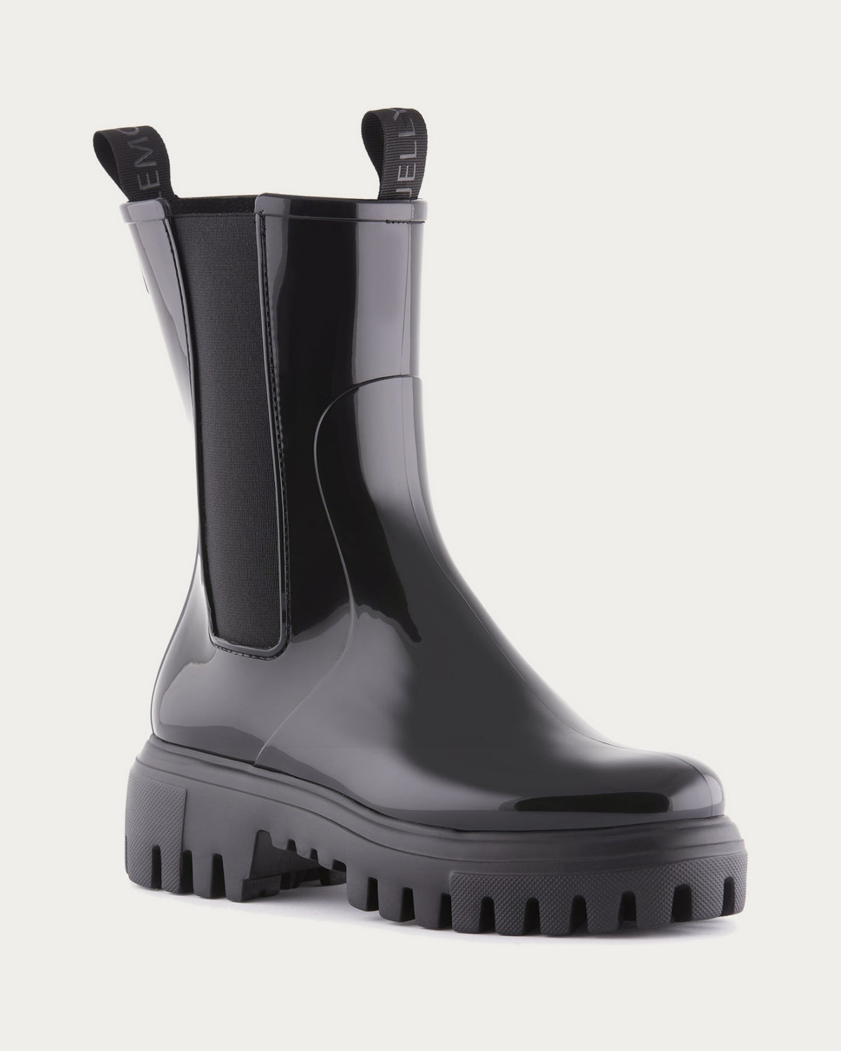 Lemon Jelly City black glossy rain boot, angled front view with elastic gusset and pull tabs