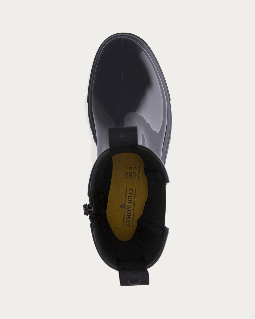 Top view of Lemon Jelly City black rain boot showing yellow branded insole