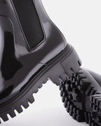 Lemon Jelly City black rain boot, heel and lugged sole detail