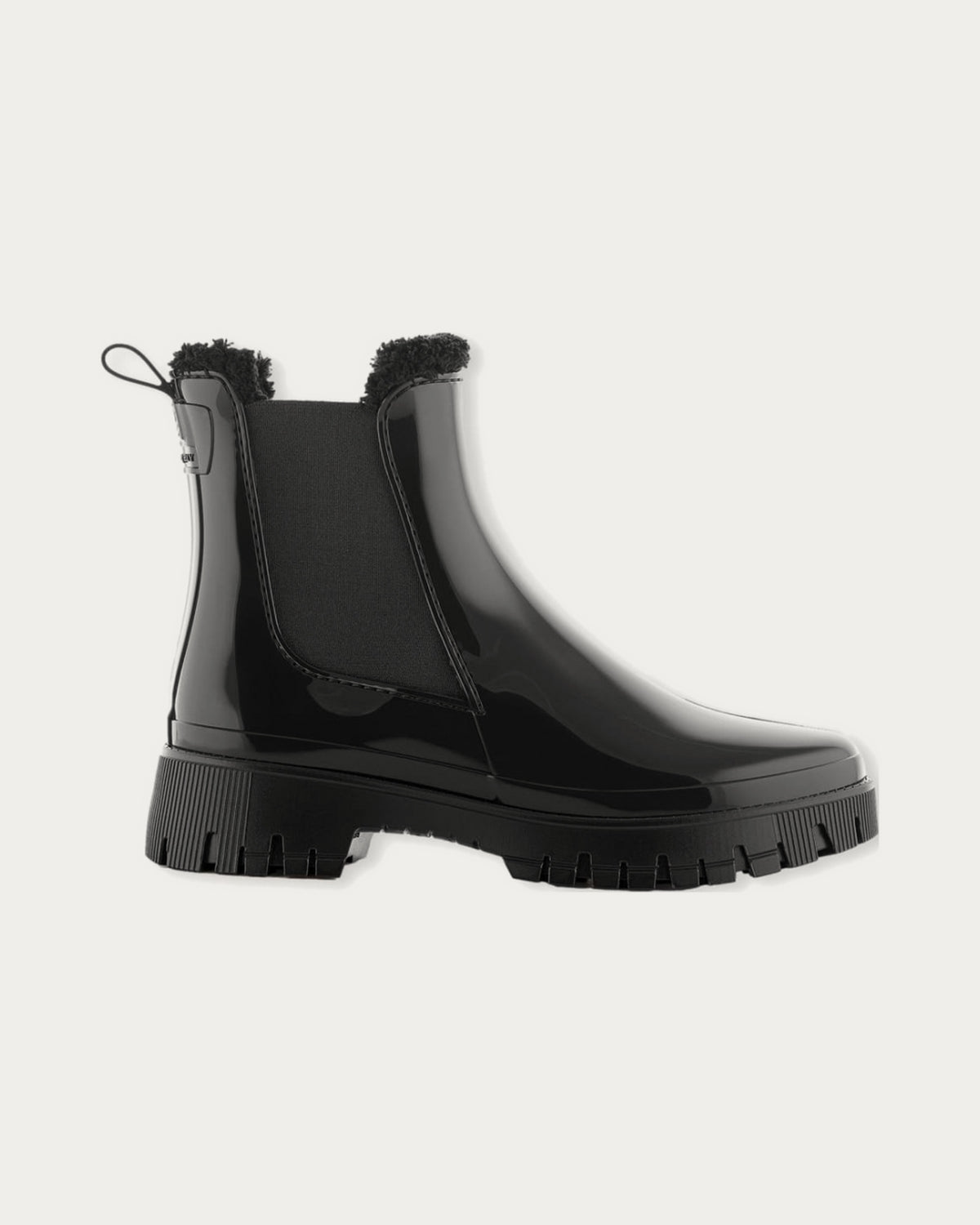 Lemon Jelly Colden black fur-lined rain boot, side profile with elastic gusset and pull tab