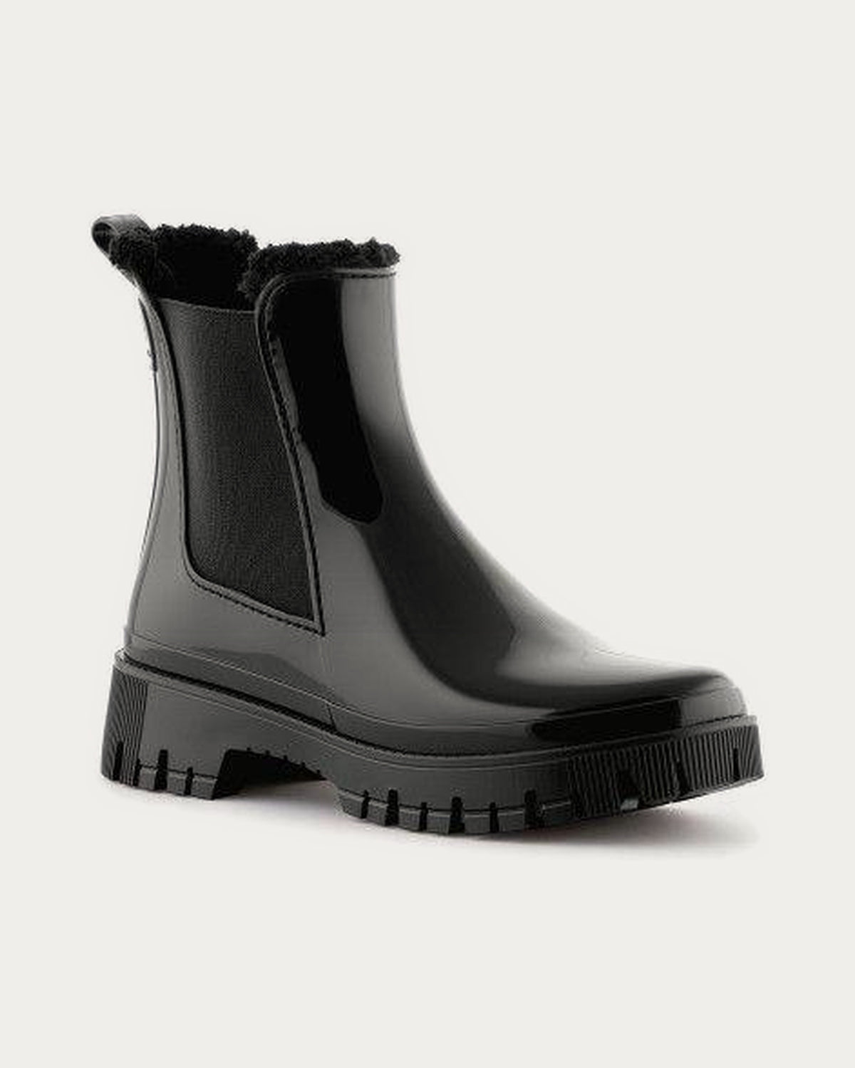 Lemon Jelly Colden black glossy rain boot with fur lining, angled front view