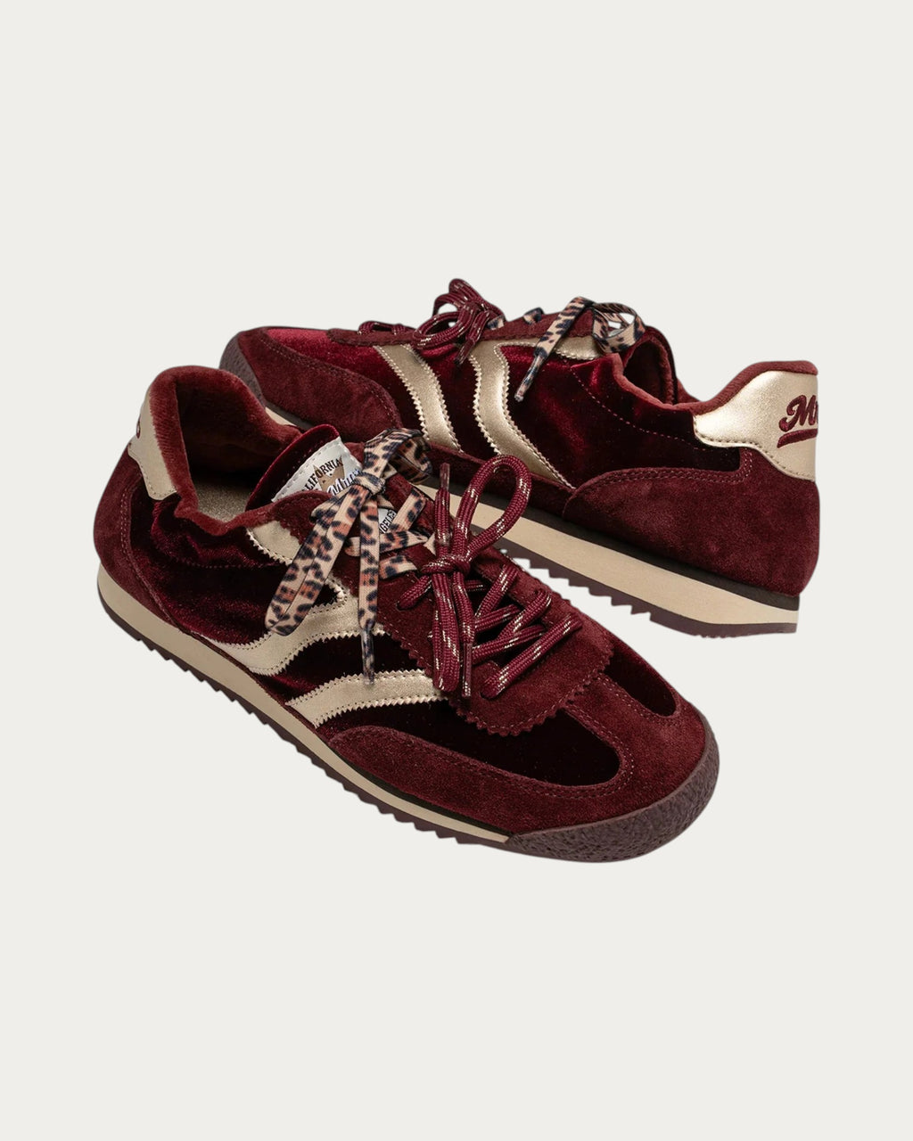 MRP Star Utah Velvet Sneaker In Burgundy, pair in three-quarter view with leopard print laces