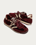 MRP Star Utah Velvet Sneaker In Burgundy, pair in three-quarter view with leopard print laces