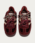 MRP Star Utah Velvet Sneaker In Burgundy, top-down view of the laces and velvet panels