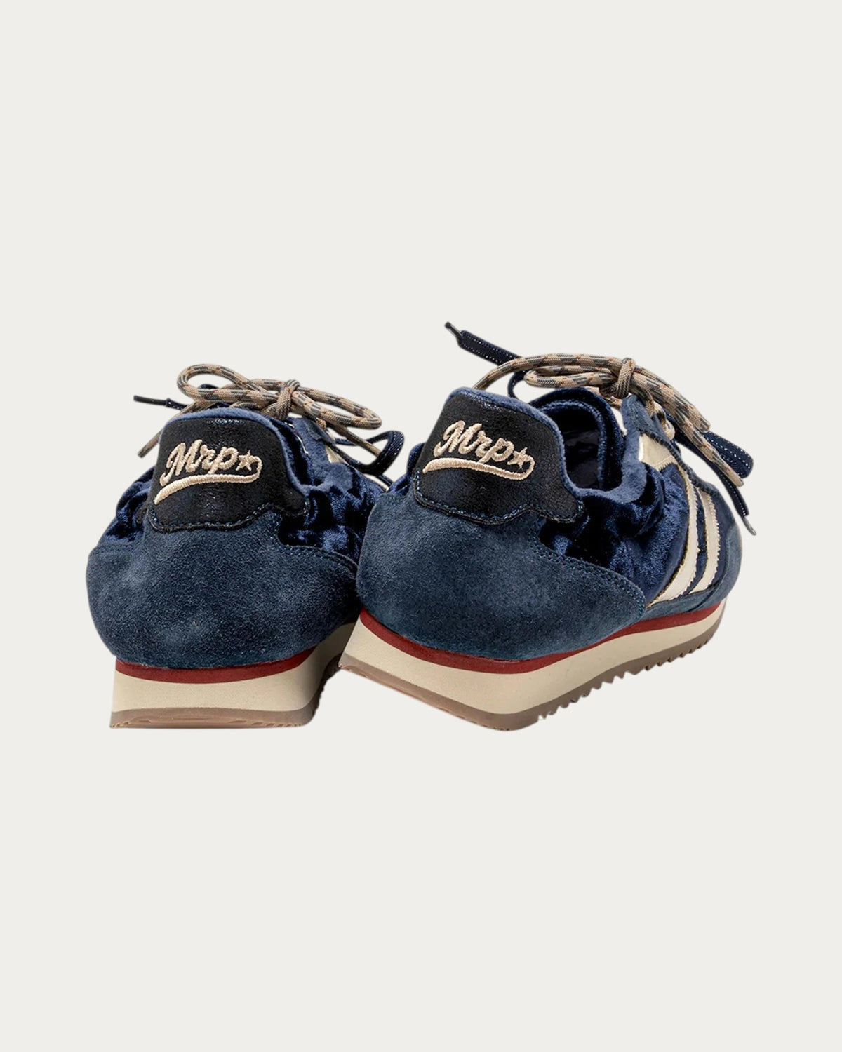 MRP Star Utah Velvet Sneaker In Ocean Navy, back view showing the heel tab