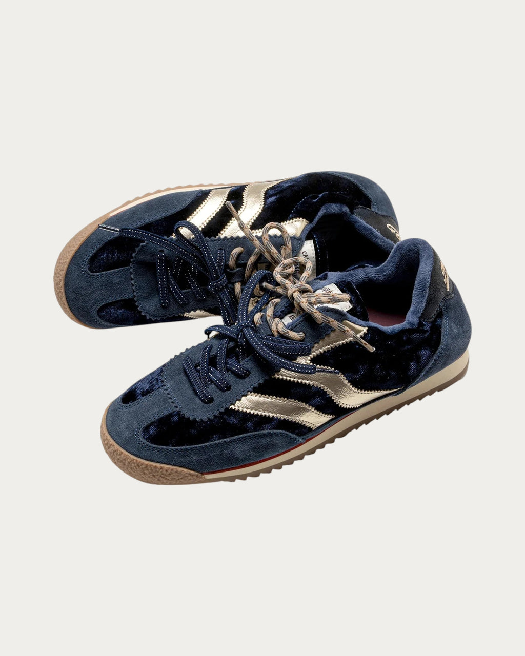 MRP Star Utah Velvet Sneaker In Ocean Navy, pair from above showing the laces