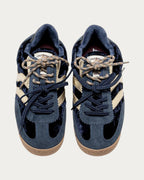 MRP Star Utah Velvet Sneaker In Ocean Navy, top-down view of the laces and velvet panels