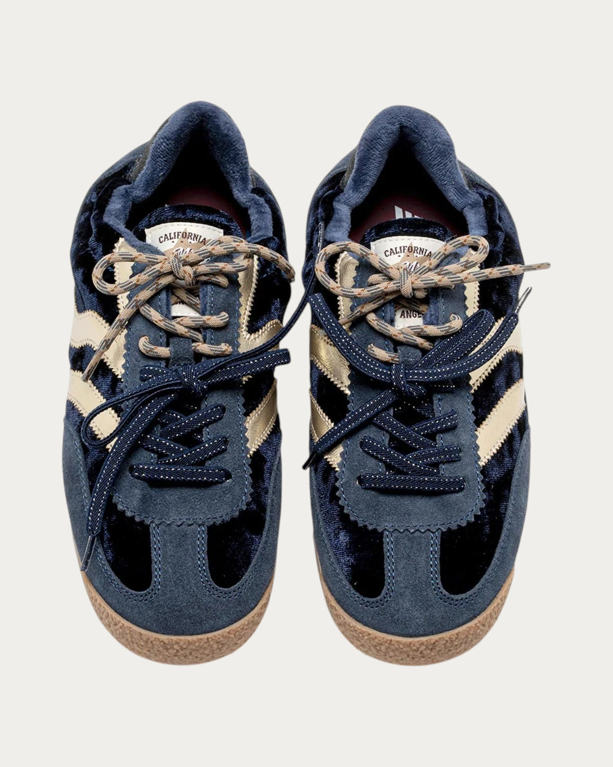 MRP Star Utah Velvet Sneaker In Ocean Navy, top-down view of the laces and velvet panels