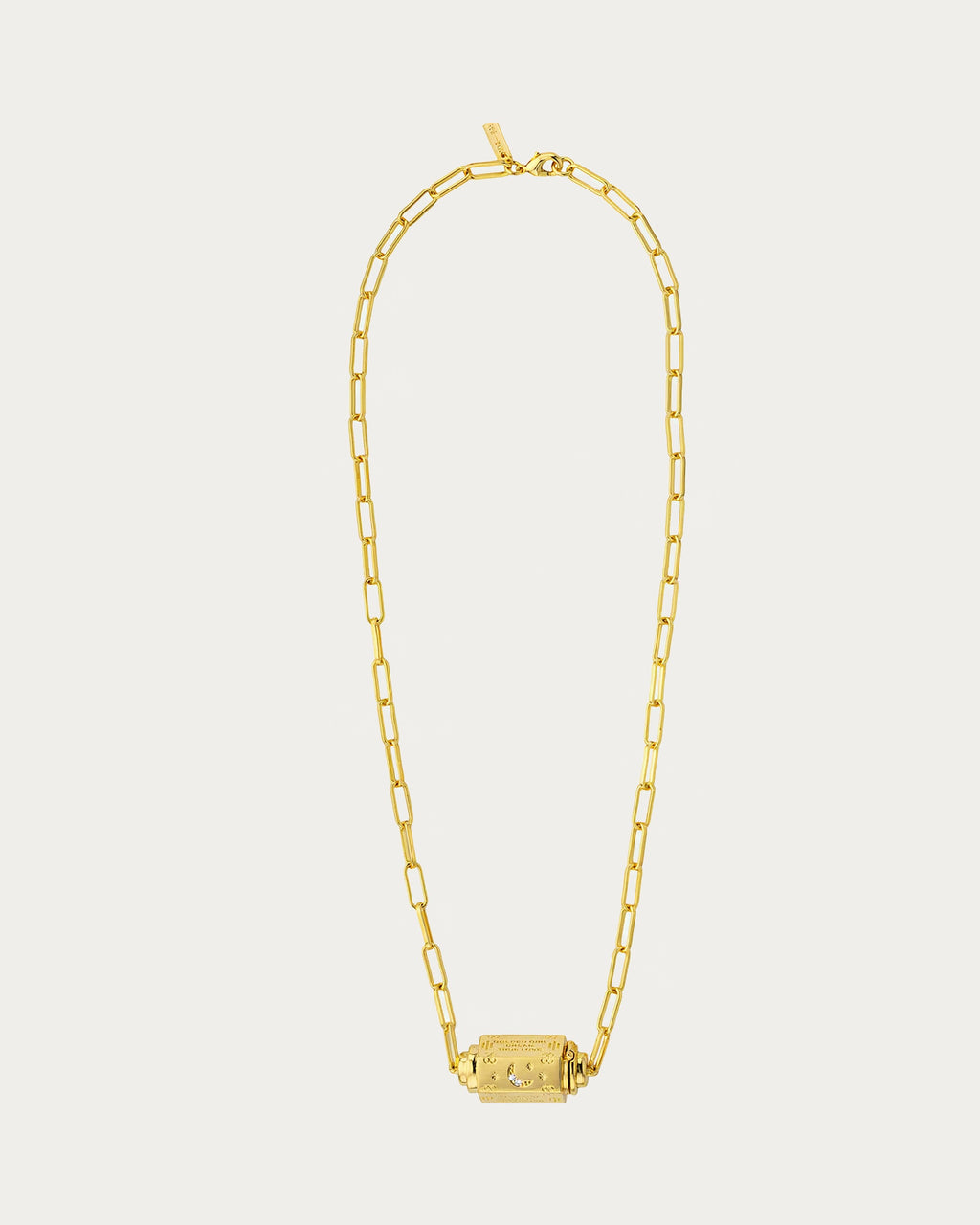 MYA—BAY Martinique Necklace in gold, full length with clasp and engraved barrel pendant