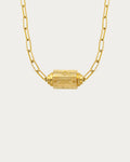 MYA—BAY Martinique Necklace in gold, paperclip chain with engraved barrel pendant reading Golden Girl, Dream, True Love