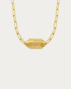MYA—BAY Martinique Necklace in gold, paperclip chain with engraved barrel pendant reading Golden Girl, Dream, True Love